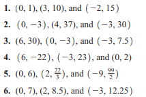 1. (0, 1), (3, 10), and (-2, 15)
2. (0, –3), (4, 37), and (-3, 30)
3. (6, 30), (0, –3), and (-3, 7.5)
4. (6, –22), (-3, 23), and (0, 2)
5. (0, 6), (2, ), and (-9,2)
6. (0, 7), (2, 8.5), and (-3, 12.25)
