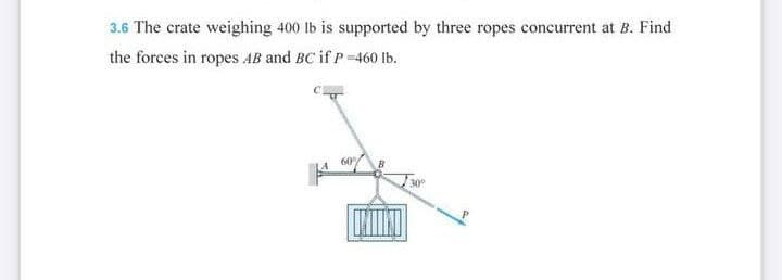 3.6 The crate weighing 400 lb is supported by three ropes concurrent at B. Find
the forces in ropes AB and BC if P-460 Ib.
