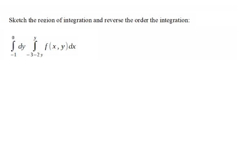 Sketch the region of integration and reverse the order the integration:
S dy S f(x,y)dx
- 3-2 y
-1
