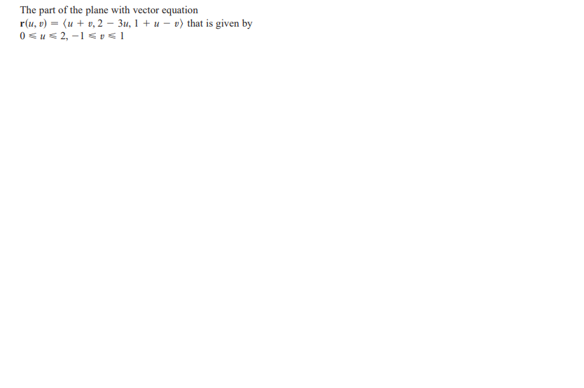 The part of the plane with vector equation
r(u, v) = (u + v, 2 – 3u, 1 + u – v) that is given by
0 su< 2, –1 < v< 1
