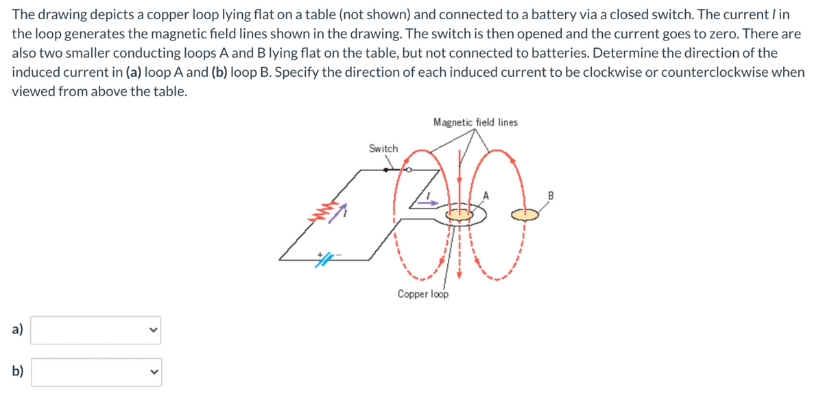 The drawing depicts a copper loop lying flat on a table (not shown) and connected to a battery via a closed switch. The current / in
the loop generates the magnetic field lines shown in the drawing. The switch is then opened and the current goes to zero. There are
also two smaller conducting loops A and B lying flat on the table, but not connected to batteries. Determine the direction of the
induced current in (a) loop A and (b) loop B. Specify the direction of each induced current to be clockwise or counterclockwise when
viewed from above the table.
Magnetic field lines
Switch
Copper loop
a)
b)
