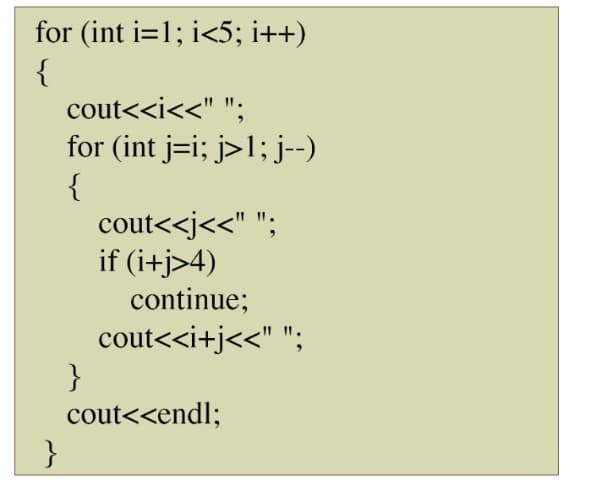 for (int i=1;i<5; i++)
{
cout<<<i<<<" ";
for (int j=i; j>1; j--)
{
cout<<j<<" ";
if (i+j>4)
continue;
cout<<i+j<<" ";
}
}
cout<<endl;