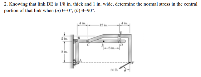 2. Knowing that link DE is 1/8 in. thick and 1 in. wide, determine the normal stress in the central
portion of that link when (a) 0–0°, (b) 0=90°.
12 in.
2 in.
8 in.
60 lb
