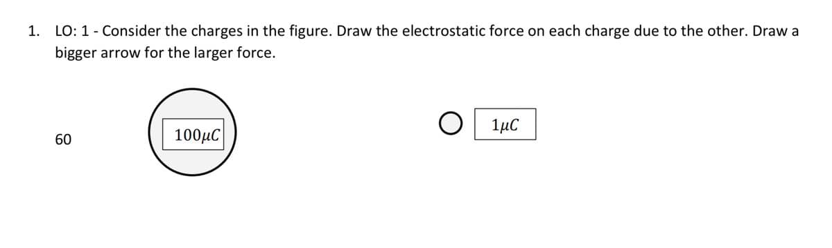 1. LO: 1 - Consider the charges in the figure. Draw the electrostatic force on each charge due to the other. Draw a
bigger arrow for the larger force.
60
100μC
O
1μC