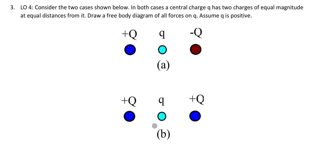 3. LO 4: Consider the two cases shown below. In both cases a central charge q has two charges of equal magnitude
at equal distances from it. Draw a free body diagram of all forces on q. Assume q is positive.
+Q
q
-Q
+Q
(a)
q
(b)
+Q