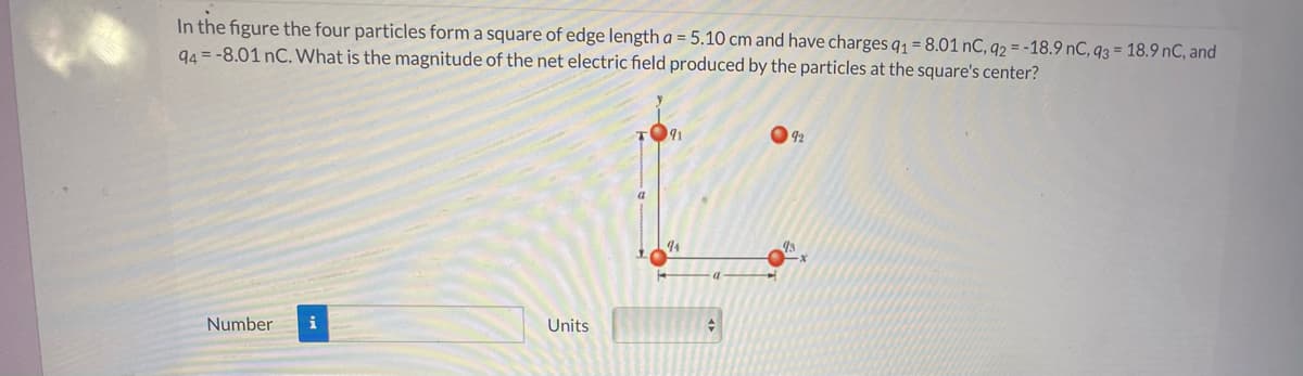 In the figure the four particles form a square of edge length a = 5.10 cm and have charges q1 = 8.01 nC, q2 = -18.9 nC, 93 = 18.9 nC, and
94 = -8.01 nC. What is the magnitude of the net electric field produced by the particles at the square's center?
O91
92
4
Number
Units
