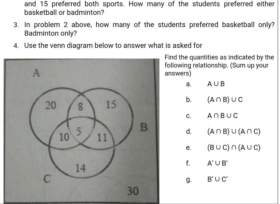 and 15 preferred both sports. How many of the students preferred either
basketball or badminton?
3. In problem 2 above, how many of the students preferred basketball only?
Badminton only?
4. Use the venn diagram below to answer what is asked for
Find the quantities as indicated by the
following relationship. (Sum up your
answers)
A
а.
AUB
b.
(AN B) UC
20
8.
15
C.
ANBUC
d.
(AN B) U (An C)
10
(BU C)n (A U C)
е.
f.
A'U B'
14
C
g.
B'UC'
30
1.
5.
