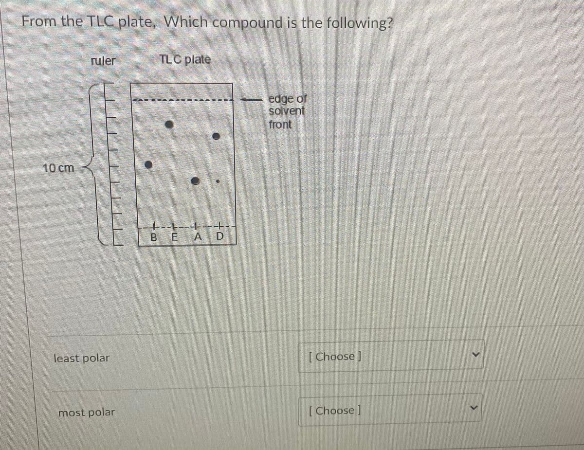 From the TLC plate, Which compound is the following?
10 cm
ruler
least polar
most polar
TLC plate
|-+----+---+------
BE A D
edge of
solvent
front
[Choose]
[Choose ]
