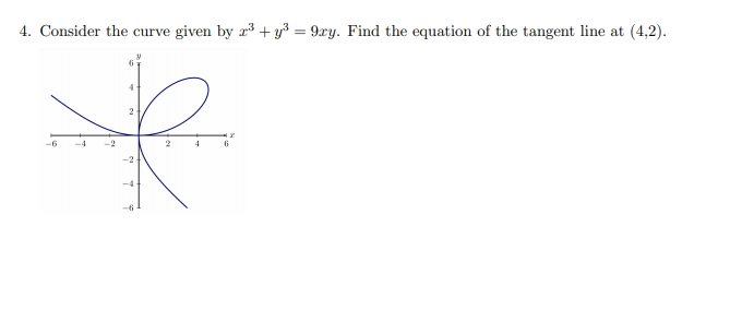 4. Consider the curve given by r+ y³ = 9xy. Find the equation of the tangent line at (4,2).
2
