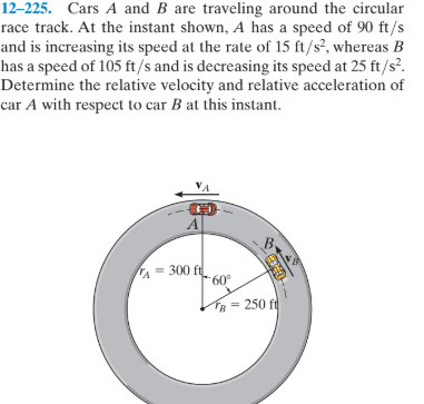 12–225. Cars A and B are traveling around the circular
race track. At the instant shown, A has a speed of 90 ft/s
and is increasing its speed at the rate of 15 ft/s², whereas B
has a speed of 105 ft/s and is decreasing its speed at 25 ft/s?.
Determine the relative velocity and relative acceleration of
car A with respect to car B at this instant.
B-
A =
300 ft
60°
= 250 ft
