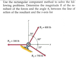 Use the rectangular component method to solve the fol-
lowing problems. Determine the magnitude R of the re-
sultant of the forces and the angle 6, between the line of
action of the resultant and the x-axis for
F2 = 800 Ib
30
60°
F1 = 300 lb
33
F- 750 Ib
