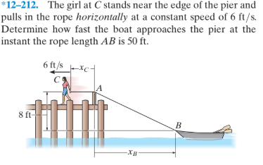 *12–212. The girl at C stands near the edge of the pier and
pulls in the rope horizontally at a constant speed of 6 ft/s.
Determine how fast the boat approaches the pier at the
instant the rope length AB is 50 ft.
6 ft/s xc -
8 ft-
XB-
