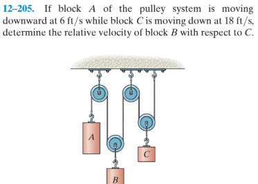 12–205. If block A of the pulley system is moving
downward at 6 ft/s while block C is moving down at 18 ft/s,
determine the relative velocity of block B with respect to C.
