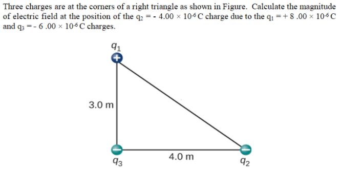 Three charges are at the corners of a right triangle as shown in Figure. Calculate the magnitude
of electric field at the position of the q; = - 4.00 x 10-6 C charge due to the q1 = + 8 .00 × 10-6 C
and q3 = - 6.00 × 106C charges.
91
3.0 m
4.0 m
92
93
