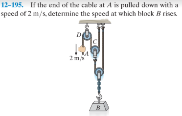 12–195. If the end of the cable at A is pulled down with a
speed of 2 m/s, determine the speed at which block B rises.
2 m/s
