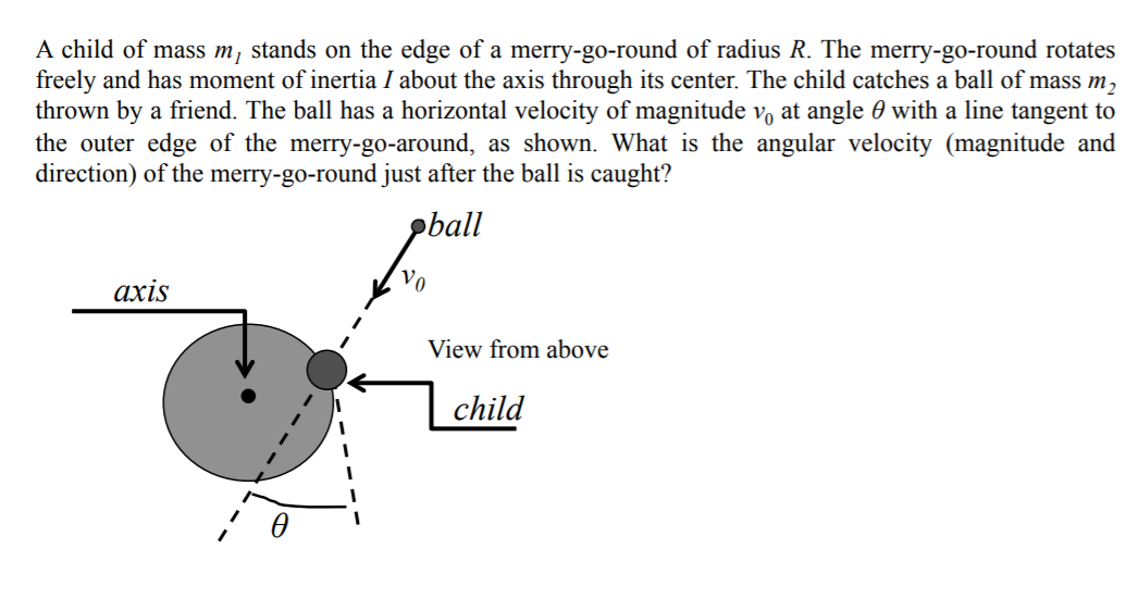 A child of mass m, stands on the edge of a merry-go-round of radius R. The merry-go-round rotates
freely and has moment of inertia I about the axis through its center. The child catches a ball of mass m,
thrown by a friend. The ball has a horizontal velocity of magnitude vo at angle 0 with a line tangent to
the outer edge of the merry-go-around, as shown. What is the angular velocity (magnitude and
direction) of the merry-go-round just after the ball is caught?
pball
axis
View from above
child
