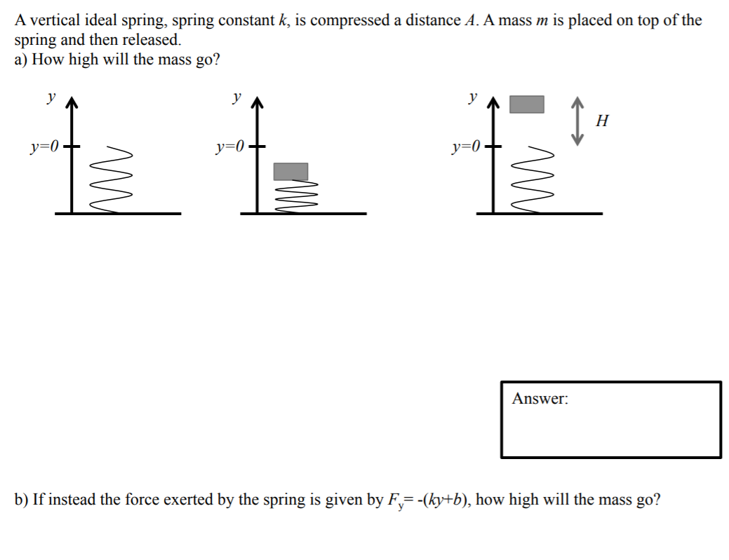 A vertical ideal spring, spring constant k, is compressed a distance A. A mass m is placed on top of the
spring and then released.
a) How high will the mass go?
Н
y=0
y=0
Answer:
b) If instead the force exerted by the spring is given by F= -(ky+b), how high will the mass go?
