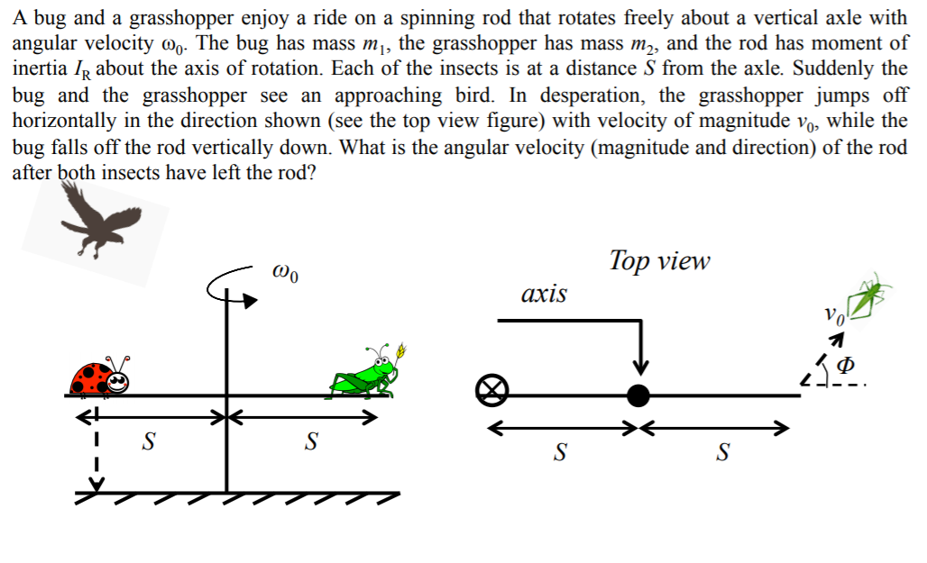 A bug and a grasshopper enjoy a ride on a spinning rod that rotates freely about a vertical axle with
angular velocity @o. The bug has mass m¡, the grasshopper has mass m,, and the rod has moment of
inertia IR about the axis of rotation. Each of the insects is at a distance S from the axle. Suddenly the
bug and the grasshopper see an approaching bird. In desperation, the grasshopper jumps off
horizontally in the direction shown (see the top view figure) with velocity of magnitude vo, while the
bug falls off the rod vertically down. What is the angular velocity (magnitude and direction) of the rod
after both insects have left the rod?
Top view
ахis
Vo
