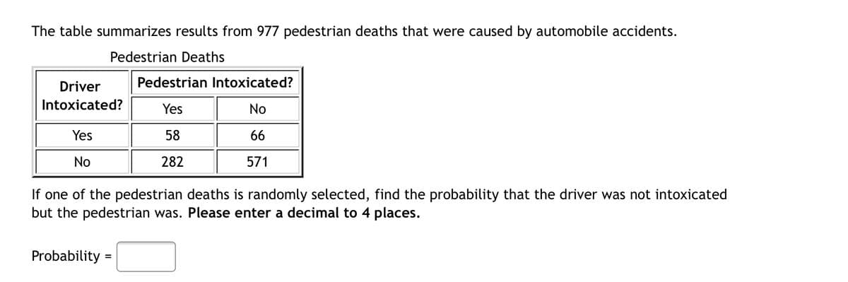 The table summarizes results from 977 pedestrian deaths that were caused by automobile accidents.
Pedestrian Deaths
Driver
Pedestrian Intoxicated?
Intoxicated?
Yes
No
Yes
58
66
No
282
571
If one of the pedestrian deaths is randomly selected, find the probability that the driver was not intoxicated
but the pedestrian was. Please enter a decimal to 4 places.
Probability =
