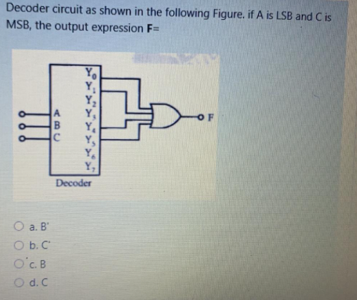 Decoder circuit as shown in the following Figure. if A is LSB and C is
MSB, the output expression F=
YO
Y
Y,
Y,
D.
Y.
Decoder
O a. B'
O b. C
O'c.B
O d. C
