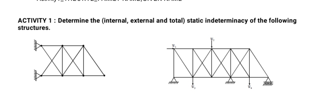 ACTIVITY 1 : Determine the (internal, external and total) static indeterminacy of the following
structures.
W.
