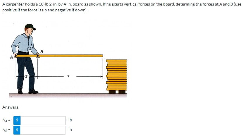 A carpenter holds a 10-lb 2-in. by 4-in. board as shown. If he exerts vertical forces on the board, determine the forces at A and B (use
positive if the force is up and negative if down).
A
Answers:
NA =
NB =
i
i
3'
B
lb
lb