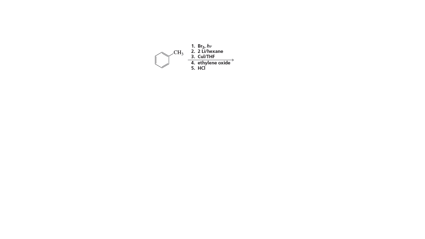 1. Brz, hv
2. 2 Li/hexane
3. Cul/THF
4. ethylene oxide
5. HCI
CH3
