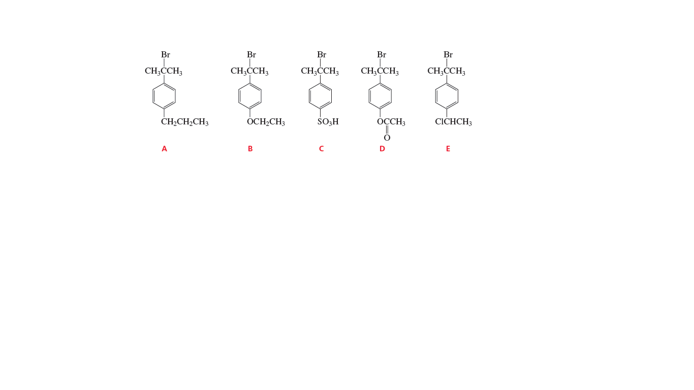 Br
Br
Br
Br
Br
CH;CCH3
CH¿CCH3
CH;CCH3
CH,CCH3
CH;ĊCH3
CH2CH2CH3
ÓCH,CH3
ŠO,H
ОСС3
CICHCH3
A
В
D
E
