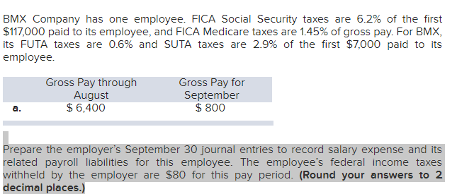 BMX Company has one employee. FICA Social Security taxes are 6.2% of the first
$117,000 paid to its employee, and FICA Medicare taxes are 1.45% of gross pay. For BMX,
its FUTA taxes are 0.6% and SUTA taxes are 2.9% of the first $7,000 paid to its
employee.
a.
Gross Pay through
August
$ 6,400
Gross Pay for
September
$ 800
Prepare the employer's September 30 journal entries to record salary expense and its
related payroll liabilities for this employee. The employee's federal income taxes
withheld by the employer are $80 for this pay period. (Round your answers to 2
decimal places.)
