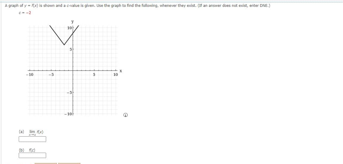 A graph of y = f(x) is shown and a c-value is given. Use the graph to find the following, whenever they exist. (If an answer does not exist, enter DNE.)
C = -2
10
- 10
-5
10
-5
-10H
(a) lim f(x)
(b) f(c)
