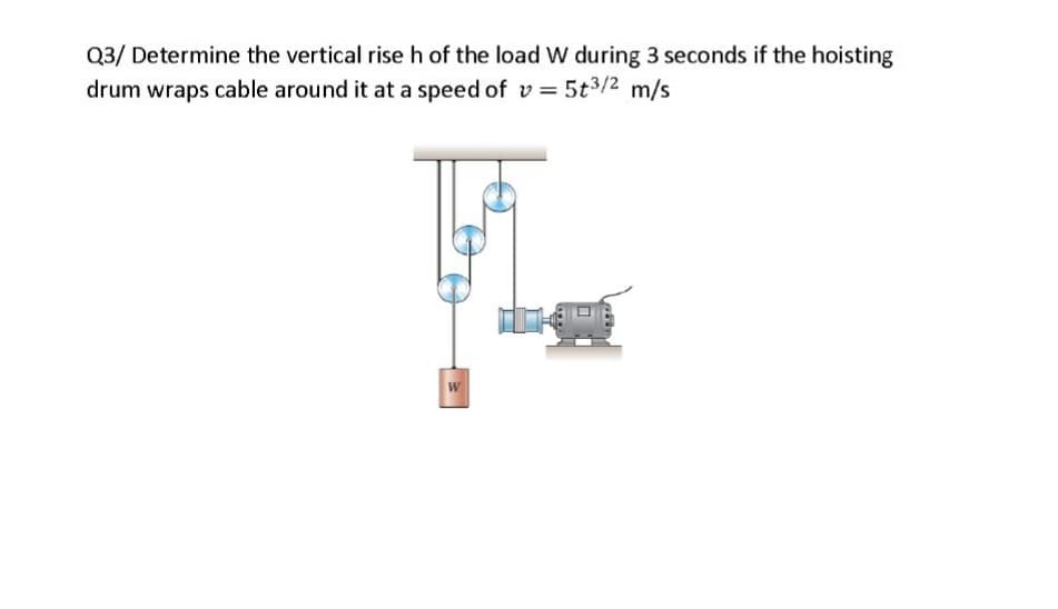 Q3/ Determine the vertical rise h of the load W during 3 seconds if the hoisting
drum wraps cable around it at a speed of v = 5t3/2 m/s
