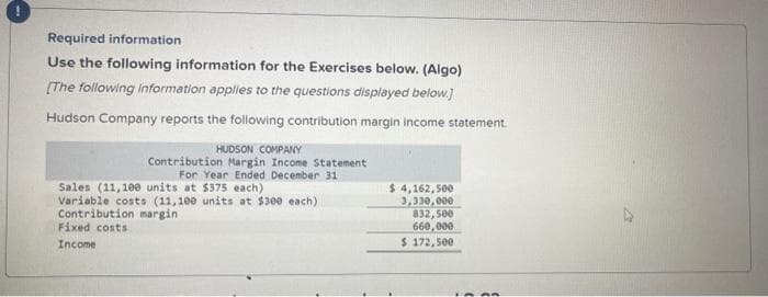 Required information
Use the following information for the Exercises below. (Algo)
[The following information applies to the questions displayed below.]
Hudson Company reports the following contribution margin income statement.
HUDSON COMPANY
Contribution Margin Income Statement
For Year Ended December 31
Sales (11,100 units at $375 each)
Variable costs (11,100 units at $300 each)
Contribution margin
Fixed costs
Income
$ 4,162,500
3,330,000
832,500
660,000
$ 172,500