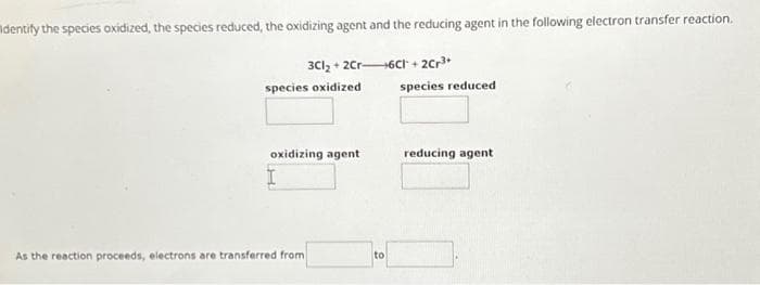 dentify the species oxidized, the species reduced, the oxidizing agent and the reducing agent in the following electron transfer reaction.
3Cl₂ + 2Cr-6C1 + 2Cr³+
species oxidized
oxidizing agent
As the reaction proceeds, electrons are transferred from
to
species reduced
reducing agent