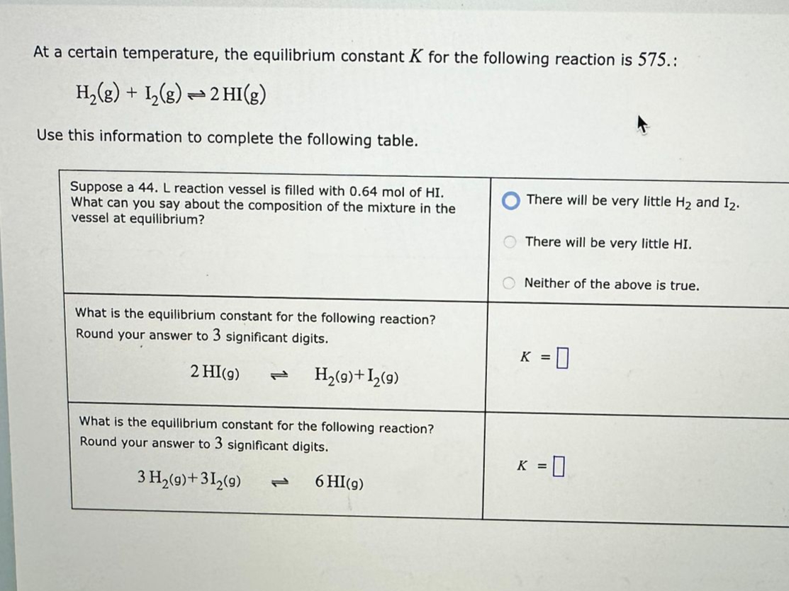 At a certain temperature, the equilibrium constant K for the following reaction is 575.:
H₂(g) + 1₂(g) → 2 HI(g)
Use this information to complete the following table.
Suppose a 44. L reaction vessel is filled with 0.64 mol of HI.
What can you say about the composition of the mixture in the
vessel at equilibrium?
What is the equilibrium constant for the following reaction?
Round your answer to 3 significant digits.
2 HI(g)
H₂(9) + 1₂ (9)
What is the equilibrium constant for the following reaction?
Round your answer to 3 significant digits.
3 H₂(g)+31₂(9)
6 HI(g)
There will be very little H₂ and 12.
There will be very little HI.
Neither of the above is true.
K = 0
-0
K =