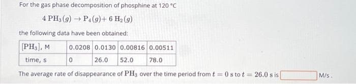 For the gas phase decomposition of phosphine at 120 °C
4 PH3(g) → P4 (9) + 6 H₂ (9)
the following data have been obtained:
[PH3), M
time, s
0
The average rate of disappearance of PH3 over the time period from t=0 s to t = 26.0 s is
0.0208 0.0130 0.00816 0.00511
26.0
52.0
78.0
M/s.