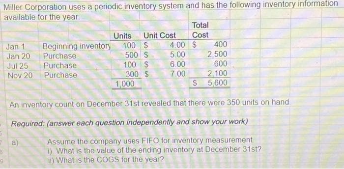 5
8
Miller Corporation uses a periodic inventory system and has the following inventory information
available for the year.
Jan 1
Jan 20
Jul 25
Nov 20
a)
Units Unit Cost
Beginning inventory 100 S
Purchase.
500 $
100 $
300 $
Purchase
Purchase
Total
Cost
1,000
4.00 $
5.00
6.00
7.00
2,100
$
5,600
An inventory count on December 31st revealed that there were 350 units on hand
Required: (answer each question independently and show your work)
Assume the company uses FIFO for inventory measurement
1) What is the value of the ending inventory at December 31st?
1) What is the COGS for the year?
400
2,500
600