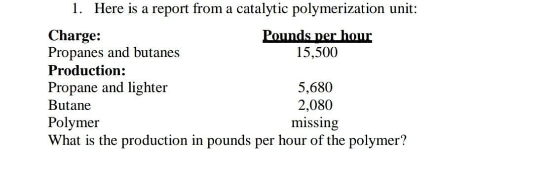 1. Here is a report from a catalytic polymerization unit:
Charge:
Pounds per hour
15,500
Propanes and butanes
Production:
Propane and lighter
5,680
Butane
2,080
Polymer
missing
What is the production in pounds per hour of the polymer?