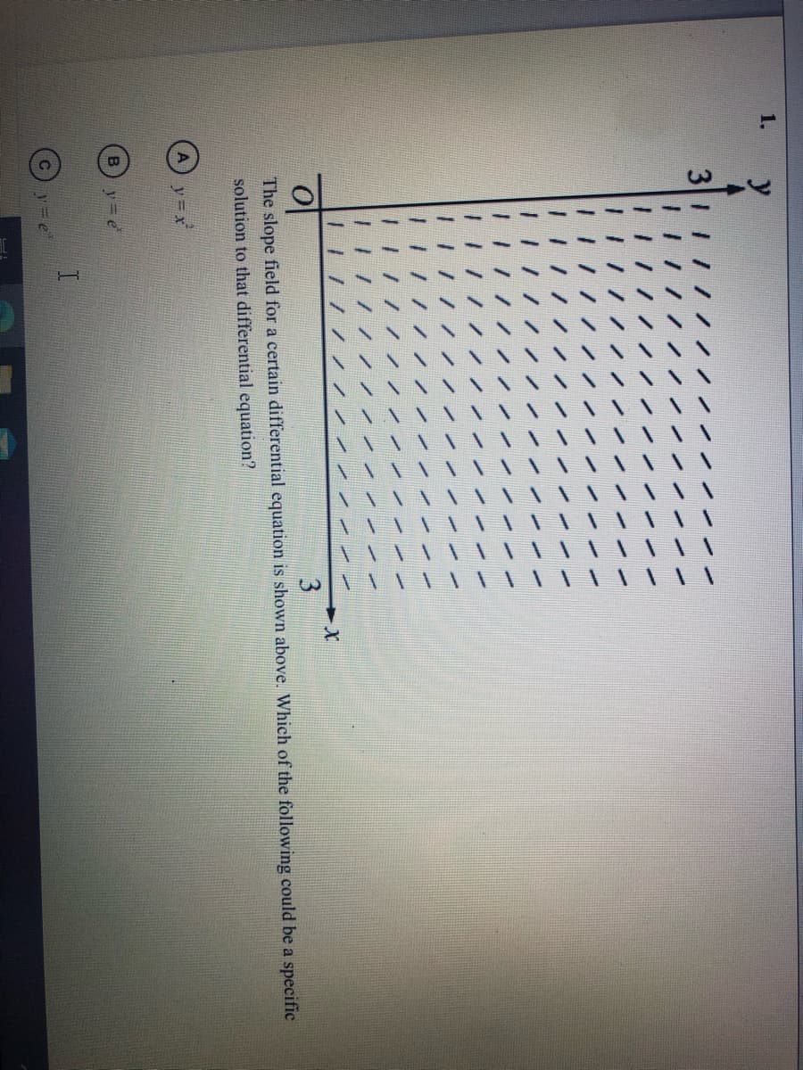 1.
-X-
The slope field for a certain differential equation is shown above. Which of the following could be a specific
solution to that differential equation?
y=x
y= e
y=e
