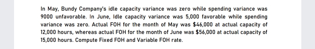 In May, Bundy Company's idle capacity variance was zero while spending variance was
9000 unfavorable. In June, lIdle capacity variance was 5,000 favorable while spending
variance was zero. Actual FOH for the month of May was $46,000 at actual capacity of
12,000 hours, whereas actual FOH for the month of June was $56,000 at actual capacity of
15,000 hours. Compute Fixed FOH and Variable FOH rate.
