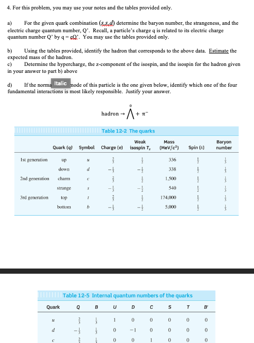 4. For this problem, you may use your notes and the tables provided only.
a)
For the given quark combination (5,8.) determine the baryon number, the strangeness, and the
electric charge quantum number, Q'. Recall, a particle's charge q is related to its electric charge
quantum number Q' by q = cQ'. You may use the tables provided only.
b)
expected mass of the hadron.
c)
Using the tables provided, identify the hadron that corresponds to the above data. Estimate the
Determine the hypercharge, the z-component of the isospin, and the isospin for the hadron given
in your answer to part b) above
