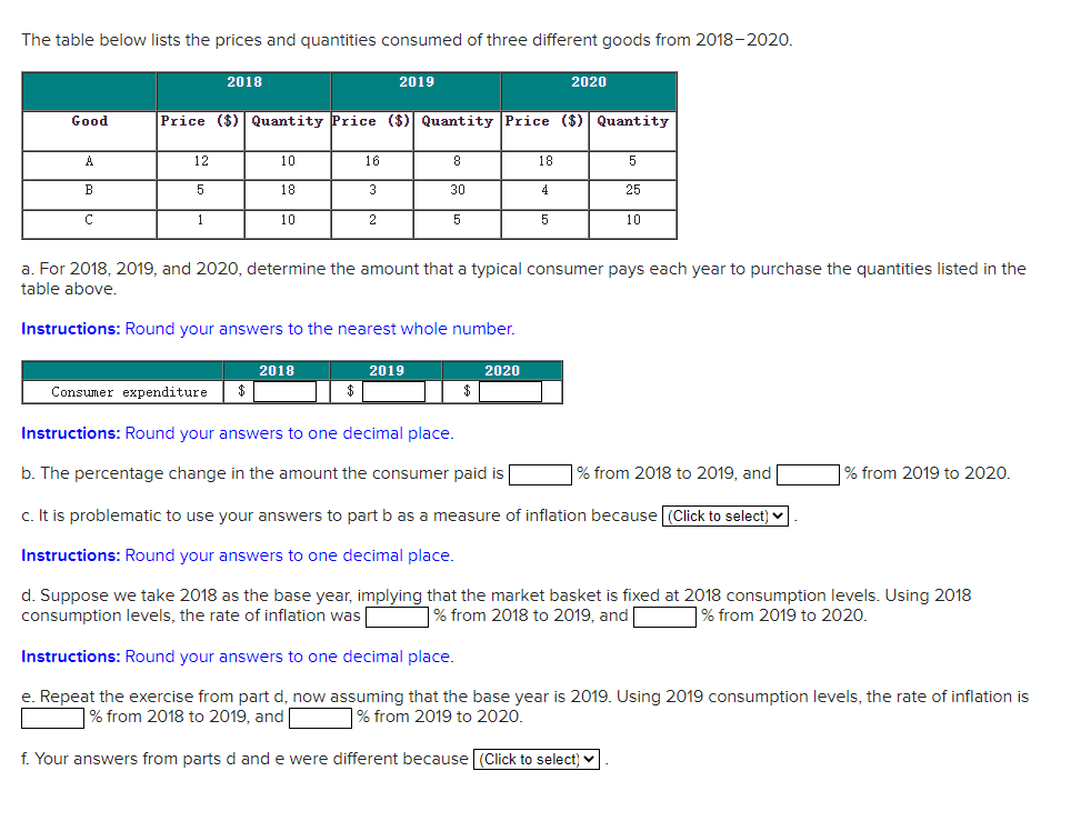 The table below lists the prices and quantities consumed of three different goods from 2018-2020.
2018
2019
2020
Good
Price ($) Quantity Price ($) Quantity Price ($) Quantity
A
12
10
16
18
5
B
5
18
3
30
4
25
1
10
2
10
a. For 2018, 2019, and 2020, determine the amount that a typical consumer pays each year to purchase the quantities listed in the
table above.
Instructions: Round your answers to the nearest whole number.
2018
2019
2020
Consumer expenditure
$
$
$
Instructions: Round your answers to one decimal place.
b. The percentage change in the amount the consumer paid is
% from 2018 to 2019, and
% from 2019 to 2020.
c. It is problematic to use your answers to part b as a measure
inflation because (Click to select) v
Instructions: Round your answers to one decimal place.
d. Suppose we take 2018 as the base year, implying that the market basket is fixed at 2018 consumption levels. Using 2018
consumption levels, the rate of inflation was|
% from 2018 to 2019, and
% from 2019 to 2020.
Instructions: Round your answers to one decimal place.
e. Repeat the exercise from part d, now assuming that the base year is 2019. Using 2019 consumption levels, the rate of inflation is
|% from 2018 to 2019, and |
% from 2019 to 2020.
f. Your answers from parts d and e were different because (Click to select) v
