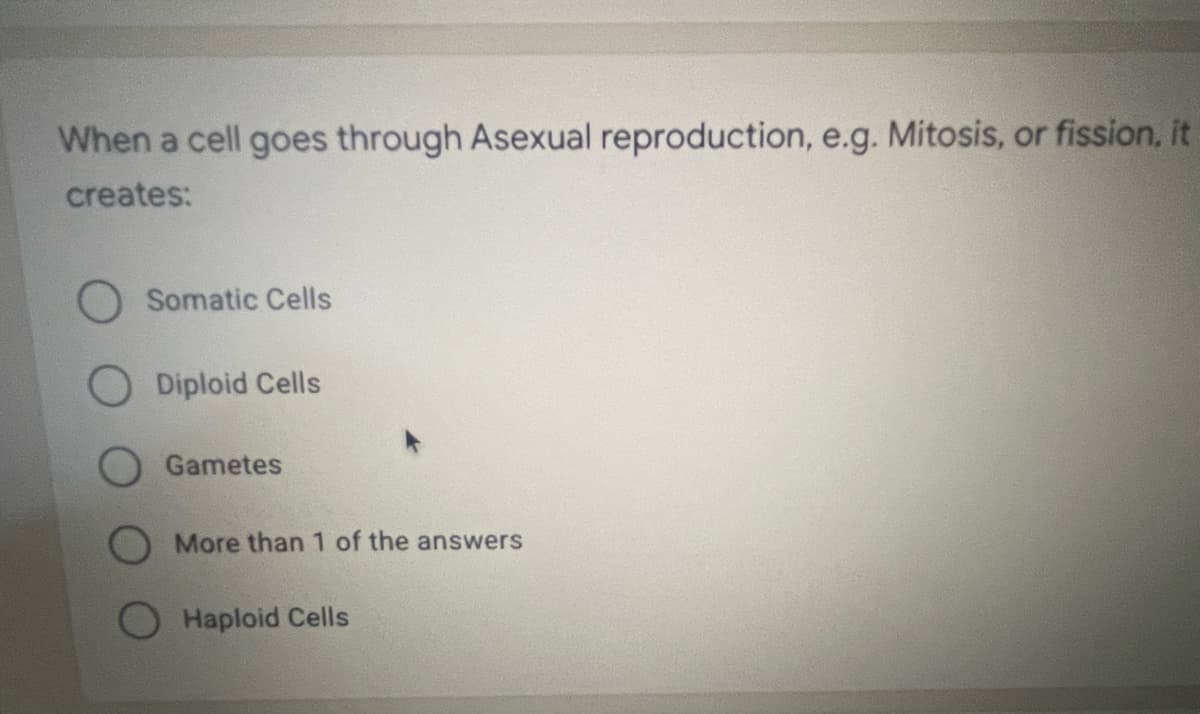 When a cell goes through Asexual reproduction, e.g. Mitosis, or fission, it
creates:
Somatic Cells
Diploid Cells
Gametes
More than 1 of the answers
Haploid Cells