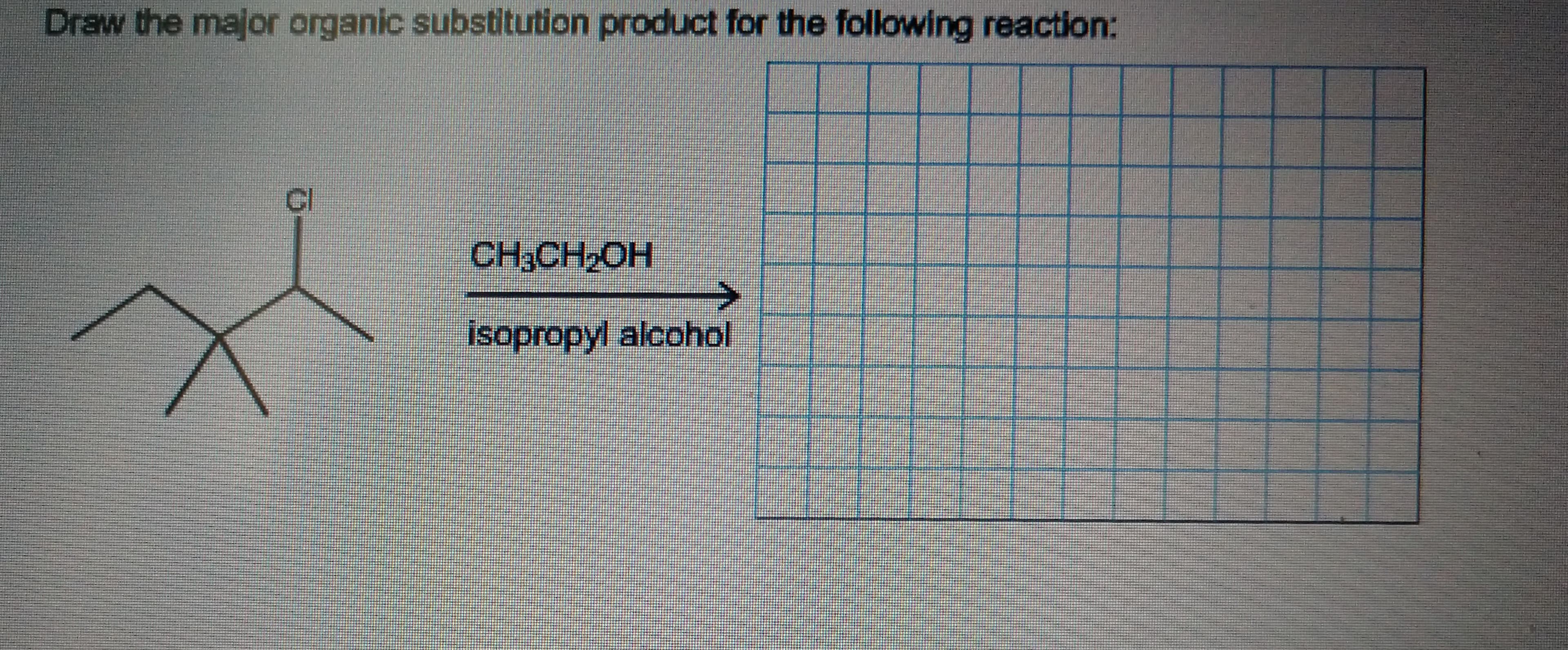 Draw the major organic substitution product for the following reaction:
GI
CH3CH2OH
isopropyl alcohol
