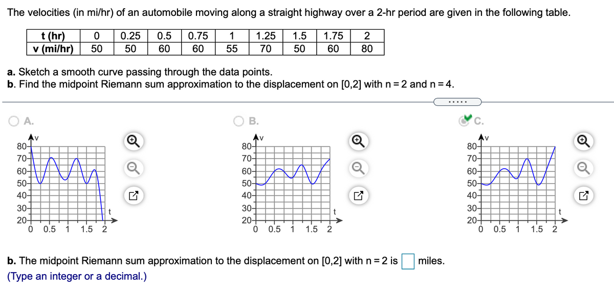 The velocities (in mi/hr) of an automobile moving along a straight highway over a 2-hr period are given in the following table.
t (hr)
v (mi/hr)
0.25
0.5
0.75
1
1.25
1.5
1.75
50
50
60
60
55
70
50
60
80
a. Sketch a smooth curve passing through the data points.
b. Find the midpoint Riemann sum approximation to the displacement on [0,2] with n = 2 and n = 4.
%3D
....
O A.
В.
C.
Av
80-
AV
80-
80-
70-
70-
70-
60-
60-
60-
50-
50-
50-
40-
40-
40-
30-
30-
30-
20-
0.5
20-
20-
0.5
1
1.5
2
0.5
1
1.5 2
1
1.5
b. The midpoint Riemann sum approximation to the displacement on [0,2] with n = 2 is
miles.
(Type an integer or a decimal.)

