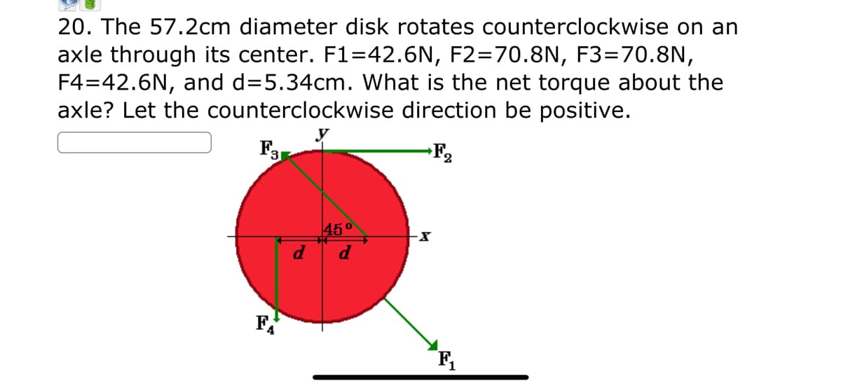 20. The 57.2cm diameter disk rotates counterclockwise on an
axle through its center. F1=42.6N, F2=70.8N, F3=70.8N,
F4=42.6N, and d=5.34cm. What is the net torque about the
axle? Let the counterclockwise direction be positive.
F31
+F₂
F
d
45⁰