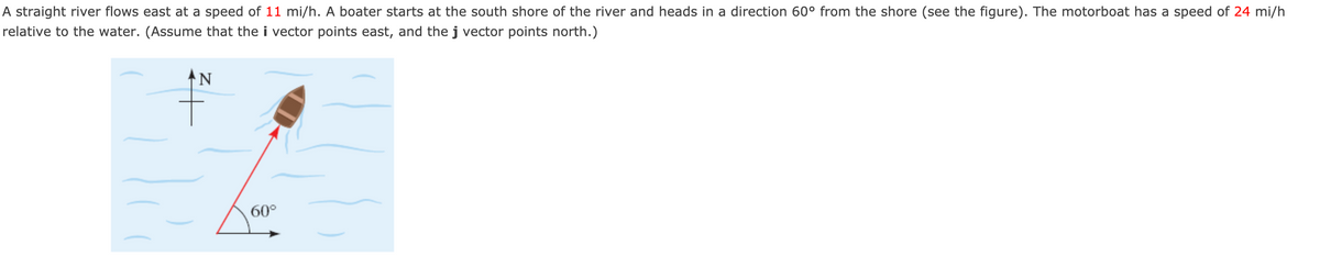 A straight river flows east at a speed of 11 mi/h. A boater starts at the south shore of the river and heads in a direction 60° from the shore (see the figure). The motorboat has a speed of 24 mi/h
relative to the water. (Assume that the i vector points east, and the j vector points north.)
N
60°
