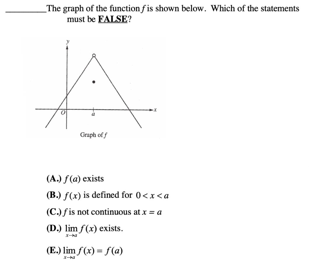 _The graph of the function f is shown below. Which of the statements
must be FALSE?
Graph of f
(A.) ƒ(a) exists
(B.) f(x) is defined for 0<x < a
(C.) f is not continuous at x = a
(D.) lim f(x) exists.
(E.) lim f (x) = f (a)
