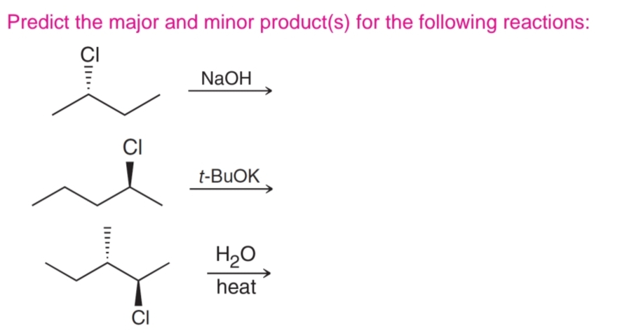 Predict the major and minor product(s) for the following reactions:
CI
NaOH
t-BuOK
H₂O
heat
J...
CI
CI