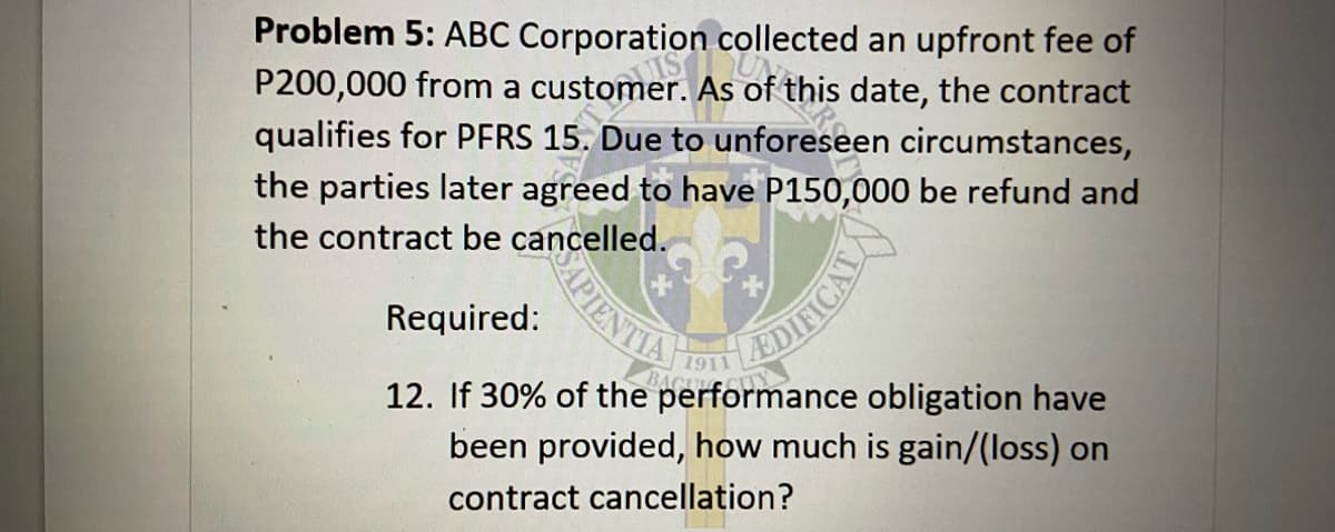 Problem 5: ABC Corporation collected an upfront fee of
P200,000 from a customer. As of t
Uthis date, the contract
qualifies for PFRS 15. Due to unforeseen circumstances,
the parties later agreed to have P150,000 be refund and
the contract be cancelled.
can APIENTIA
RE
Required:
12. If 30% of the performance obligation have
been provided, how much is gain/(loss) on
contract cancellation?