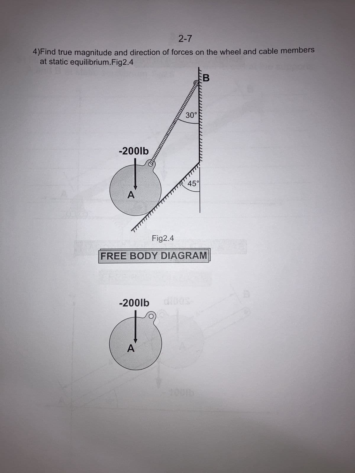 2-7
4)Find true magnitude and direction of forces on the wheel and cable members
at static equilibrium.Fig2.4
-200lb
A
777
¨¨¨¨¨
-200lb
1
A
Fig2.4
70
‒‒‒‒‒‒‒‒
30°
45°
FREE BODY DIAGRAM
B
100lb
B